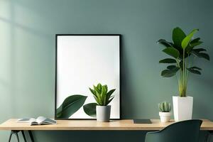 AI Generative Empty frame mockup in modern minimalist interior with trendy potted plant photo