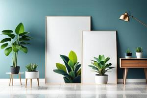 AI Generative Empty frame mockup in modern minimalist interior with trendy potted plant photo