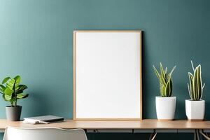 Empty frame mockup in modern minimalist interior with trendy potted plant photo