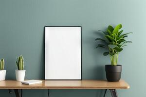 Empty frame mockup in modern minimalist interior with trendy potted plant photo