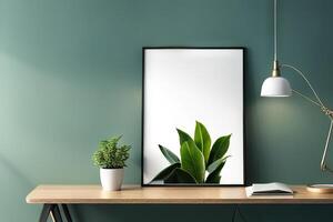 Empty frame mockup in modern minimalist interior with trendy potted plant photo