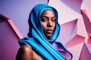 Close-up portrait young black woman with clothes headdress, person on colorful photo