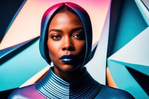 Vibrant illustration young African woman. Abstract myriad colors on background. photo