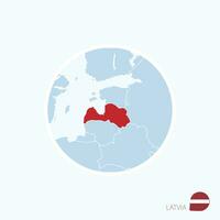 Map icon of Latvia. Blue map of Europe with highlighted Latvia in red color. vector