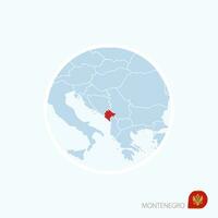 Map icon of Montenegro. Blue map of Europe with highlighted Montenegro in red color. vector