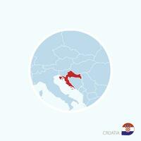 Map icon of Croatia. Blue map of Europe with highlighted Croatia in red color. vector