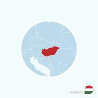 Map icon of Hungary. Blue map of Europe with highlighted Hungary in red color. vector