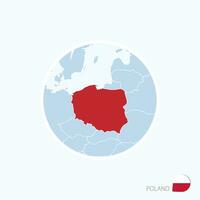 Map icon of Poland. Blue map of Europe with highlighted Poland in red color. vector