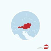 Map icon of Austria. Blue map of Europe with highlighted Austria in red color. vector