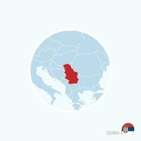 Map icon of Serbia. Blue map of Europe with highlighted Serbia in red color. vector