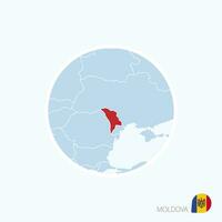 Map icon of Moldova. Blue map of Europe with highlighted Moldova in red color. vector