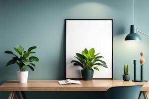 Empty frame mockup in modern minimalist interior with trendy potted plant photo