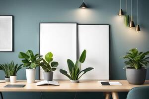 Empty frame mockup in modern minimalist interior with trendy potted plant photo