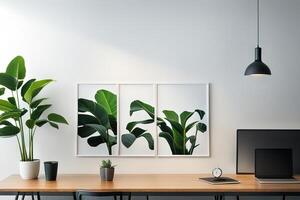 Mock up frame close up in home interior background, potted flowers on table photo