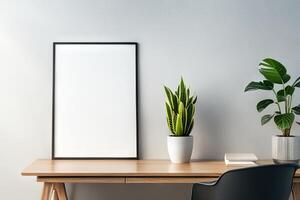 Mock up frame close up in home interior background, potted flowers on table photo