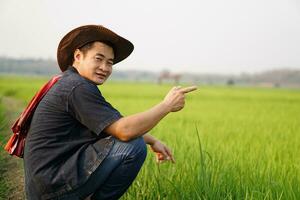 Handsome Asian man farmer sits at paddy field, point finger. Concept, agriculture occupation, lifestyle. Copy space for adding text or advertisement. photo