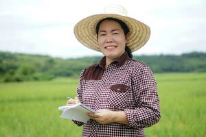 Asian woman farmer wears hat, plaid shirt, holds paper notebook and pen to record and inspect growth and diseases of plants at paddy field.  Concept, Agriculture occupation photo