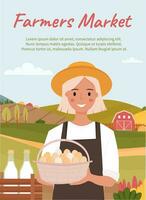 Farmers market advertising poster. Farmer holds a basket with eggs in her hands on the countryside background. Harvest time. Harvest festival, local market. Vector illustration.