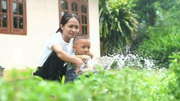 mãe e filho alegremente água a legumes este elas plantado às lar. video
