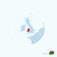 Map icon of Wales. Blue map of Europe with highlighted Wales in red color. vector