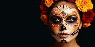 young woman with dia de los muertos or day of the dead sugar skull make-up and flower headdress, generative AI photo