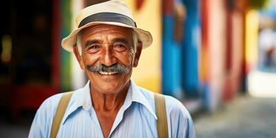 latín americano mayor hombre con gris Bigote vistoso calle retrato, generativo ai foto