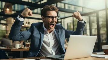 Successful entrepreneur celebrating with fist pump in front of laptop. Generative AI photo