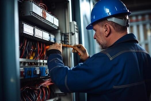 electricista ingeniero pruebas eléctrico instalaciones y alambres en relé proteccion sistema. ajustamiento de esquema de automatización y controlar de eléctrico equipo. generativo ai foto