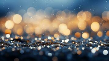 Blurred lights background with snow. Glitter confetti bokeh background. Generative AI photo