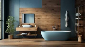 Comfortable bathtub and vanity with basin standing in modern bathroom with blue and wooden walls and wooden floor. Generative AI photo