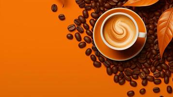 High angle cup of cappuccino with latte art on brown background. Beautiful wheat pulled into the foam, greenery ceramic cup, lots of coffee beans and leaf beside the glass. Generative AI photo