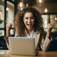 Successful entrepreneur celebrating with fist pump in front of laptop. Generative AI photo