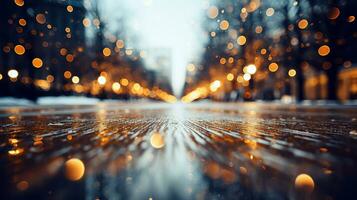 Blurred lights background with snow. Glitter confetti bokeh background. Generative AI photo