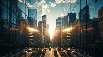 Reflective skyscrapers, business office buildings. low angle view of skyscrapers in city, sunny day. Business wallpaper with modern high-rises with mirrored windows. Generative AI photo