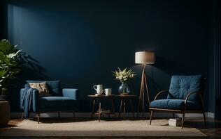 cozy living room chair and lamp with plant in dark blue walls, AI Generated photo