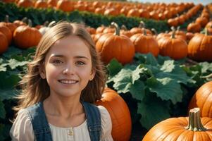 niña sonrisa con acción de gracias calabaza cosecha en primer plano y brillante colores en foto, ai generado foto