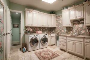 luxurious laundry room with elegant furniture and tasteful decor. Serene and spacious cleaning space, peach and powder pink luxury interior design color washing machine and clothes dryer.AI Generated photo