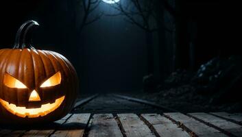 spooky halloween pumpkin on a misty wooden path in the dark woods and wooden table for product display, AI Generated photo