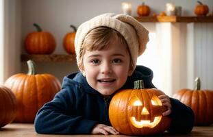 niño con Jack o linterna en acogedor naranja acción de gracias y Víspera de Todos los Santos ajuste con tallado calabazas, ai generado foto