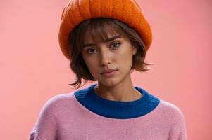 woman wearing orange pumpkin hat with pink sweater and background, AI Generated photo
