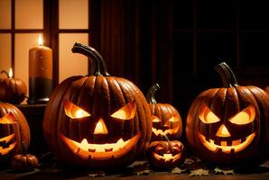 Spooky orange and black Halloween pumpkins with carved faces and candlelight on wooden table, AI Generated photo