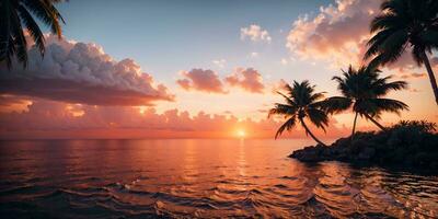 tropical paraíso con palma arboles silueta en contra un maravilloso naranja y rosado Oceano atardecer, ai generado foto