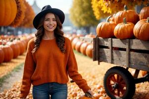 Thanksgiving pumpkin harvest woman in orange sweater picking pumpkins in fall, AI Generated photo