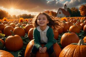 thanksgiving themed photo of child sitting on pumpkin in pumpkin patch with beautiful orange sky, AI Generated