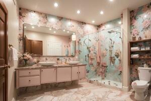 luxurious bathroom with elegant furniture and tasteful decor. Serene and spacious living space, peach and powder pink luxury interior design floral color toilet and shower with washbasin.AI Generated photo