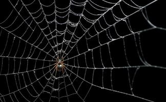 intrincado negro y blanco araña web cerca arriba en oscuro fondo, ai generado foto