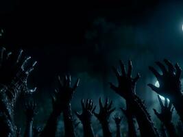 Halloween zombie hands reaching up from the ground in a foggy graveyard at night with dark blue and black tones, AI Generated photo