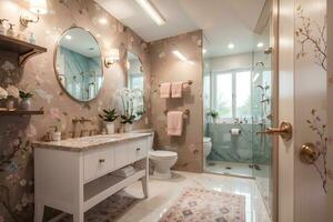 luxurious bathroom with elegant furniture and tasteful decor. Serene and spacious living space, peach and powder pink luxury interior design floral color toilet and shower with washbasin.AI Generated photo