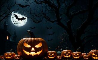 spooky halloween night with jack o lanterns, bats, and a full moon in a haunted forest, AI Generated photo