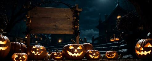 Spooky orange and black Halloween scene with pumpkins and a blank sign on a porch at night, AI Generated photo